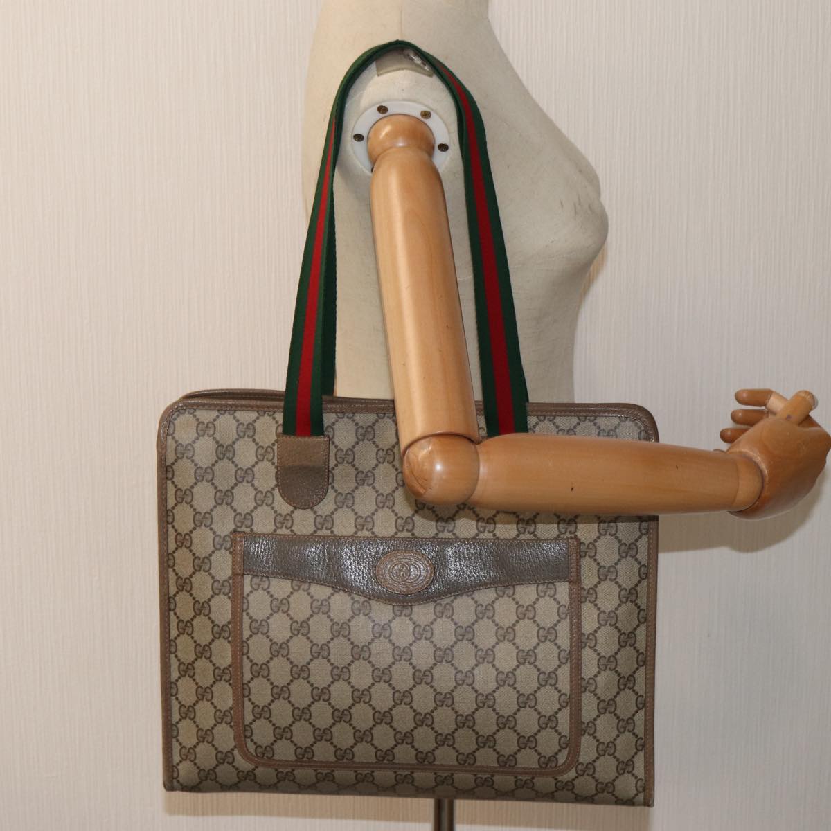 GUCCI GG Supreme Tote Bag WebSherry Line PVC Beige 89.02.997 Auth 82256