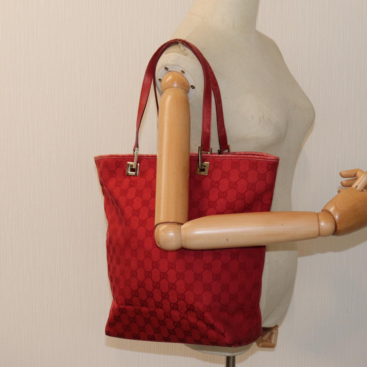 GUCCI GG Canvas Tote Bag Red 002.1098 3444 Auth 82259