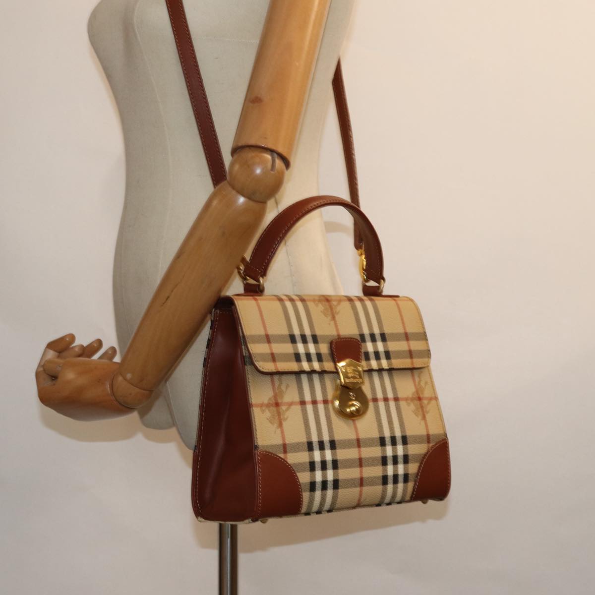 BURBERRY Nova Check Hand Bag PVC Leather 2way Beige Auth 82268A