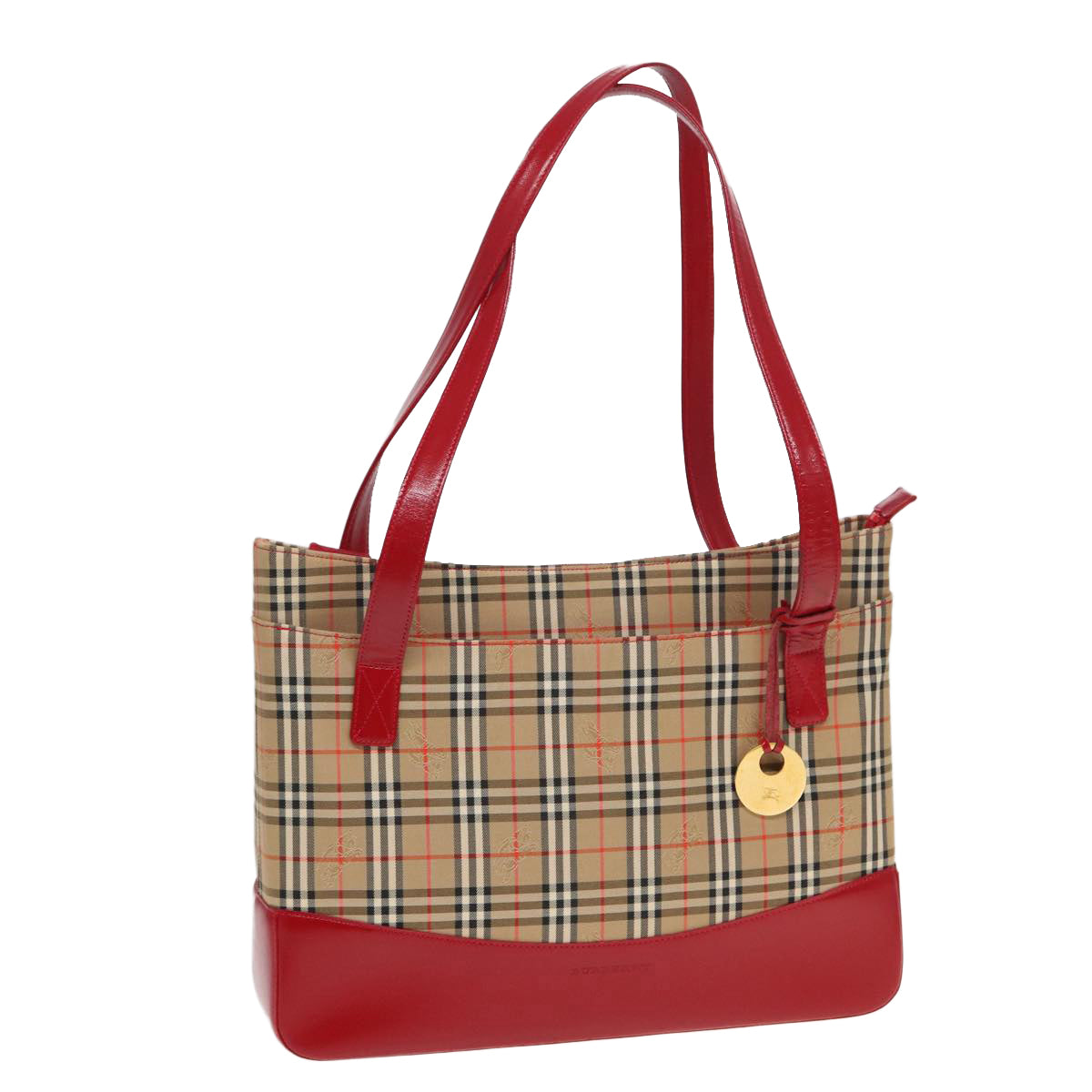 BURBERRY Nova Check Tote Bag Canvas Beige Red Auth 82269