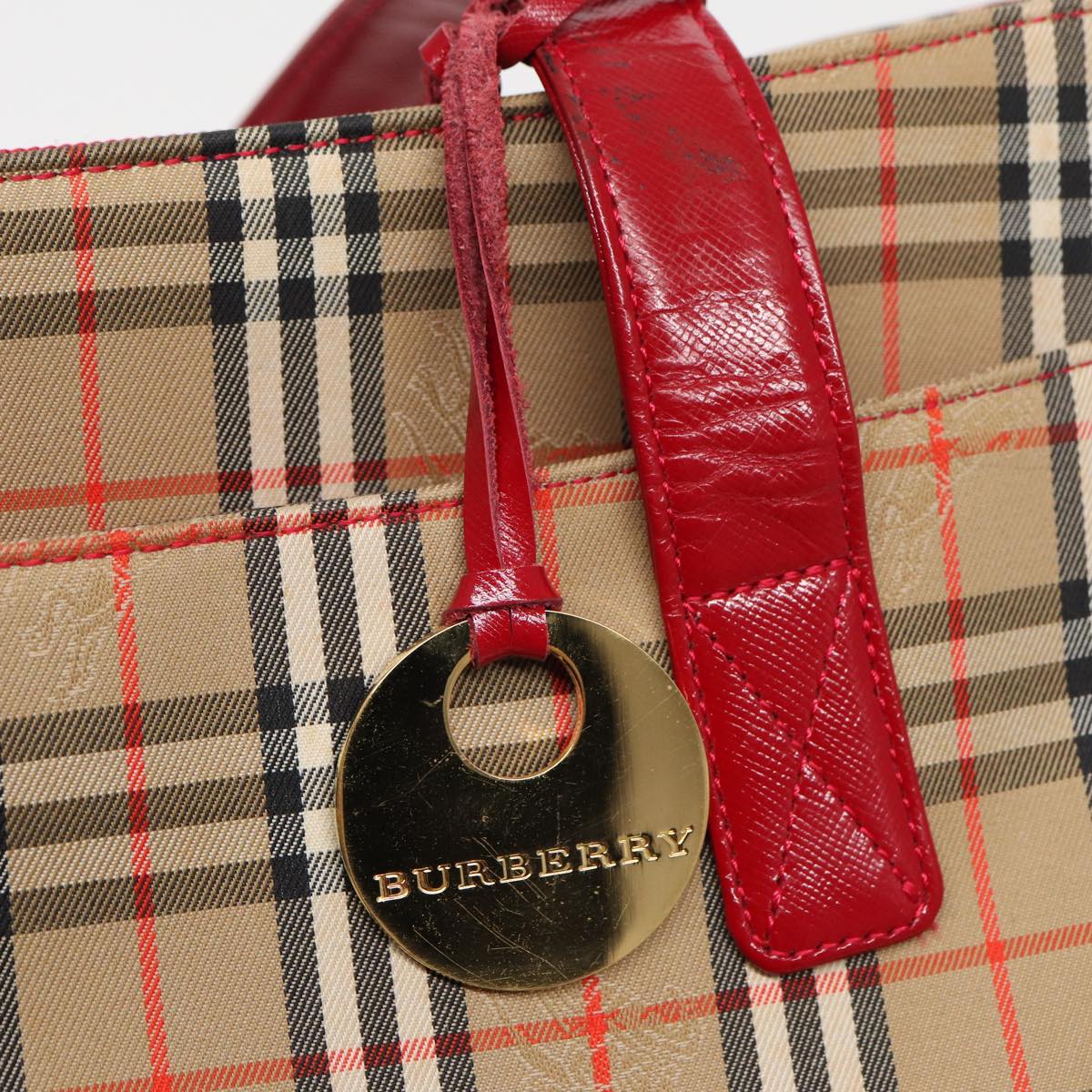 BURBERRY Nova Check Tote Bag Canvas Beige Red Auth 82269