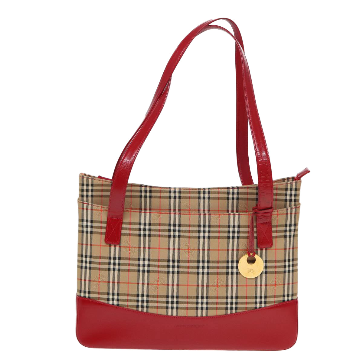 BURBERRY Nova Check Tote Bag Canvas Beige Red Auth 82269