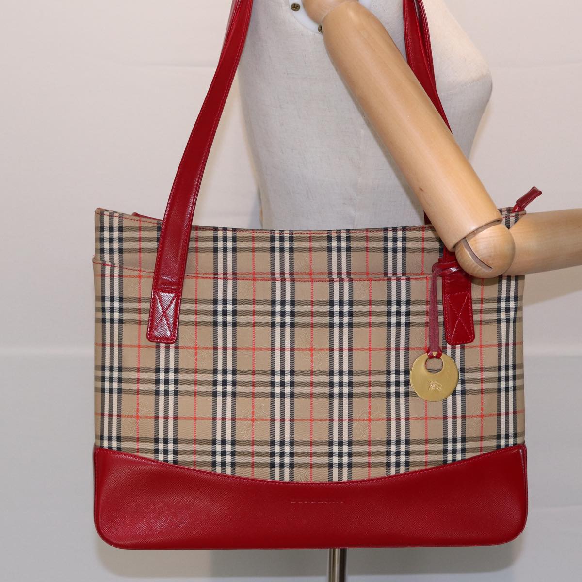 BURBERRY Nova Check Tote Bag Canvas Beige Red Auth 82269