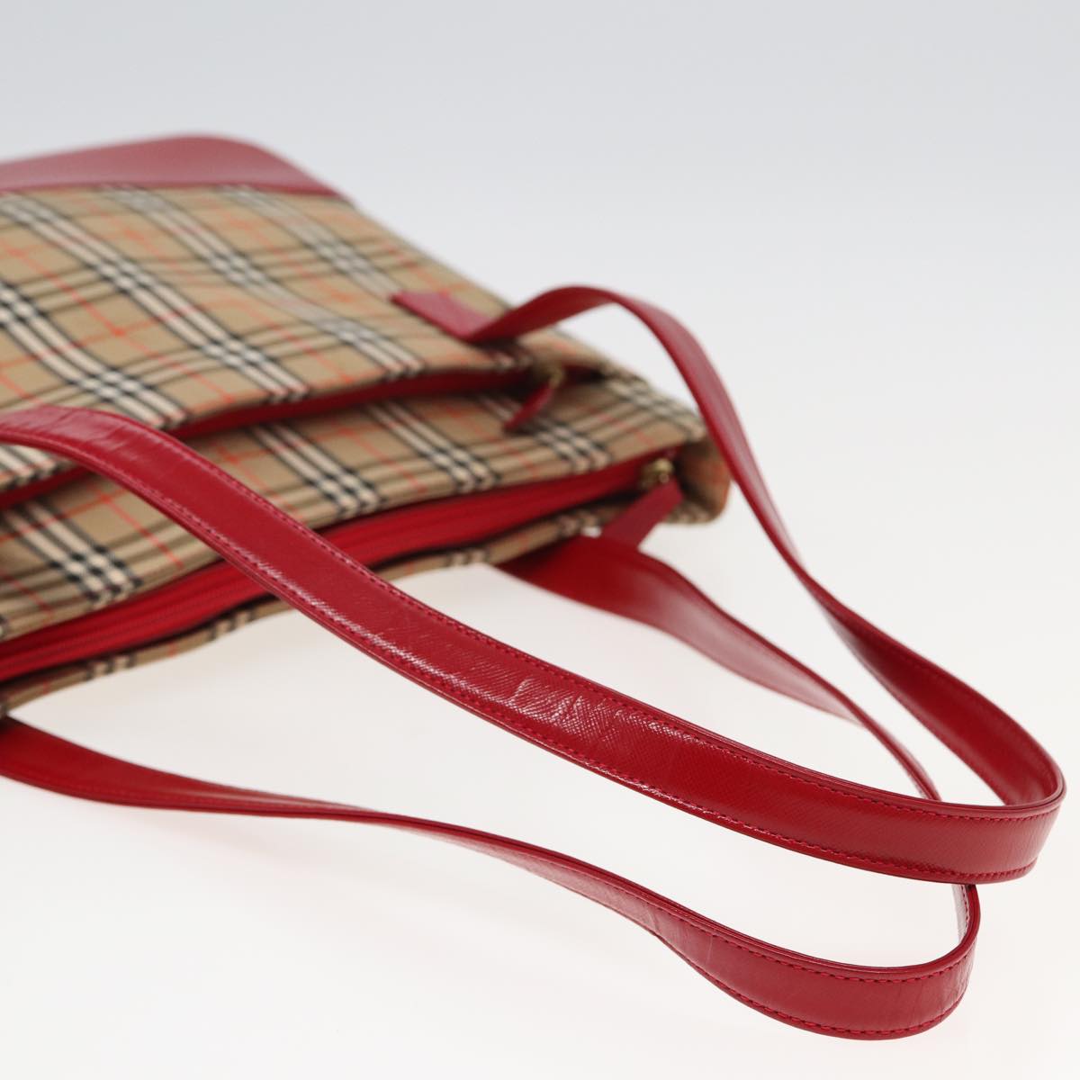 BURBERRY Nova Check Tote Bag Canvas Beige Red Auth 82269