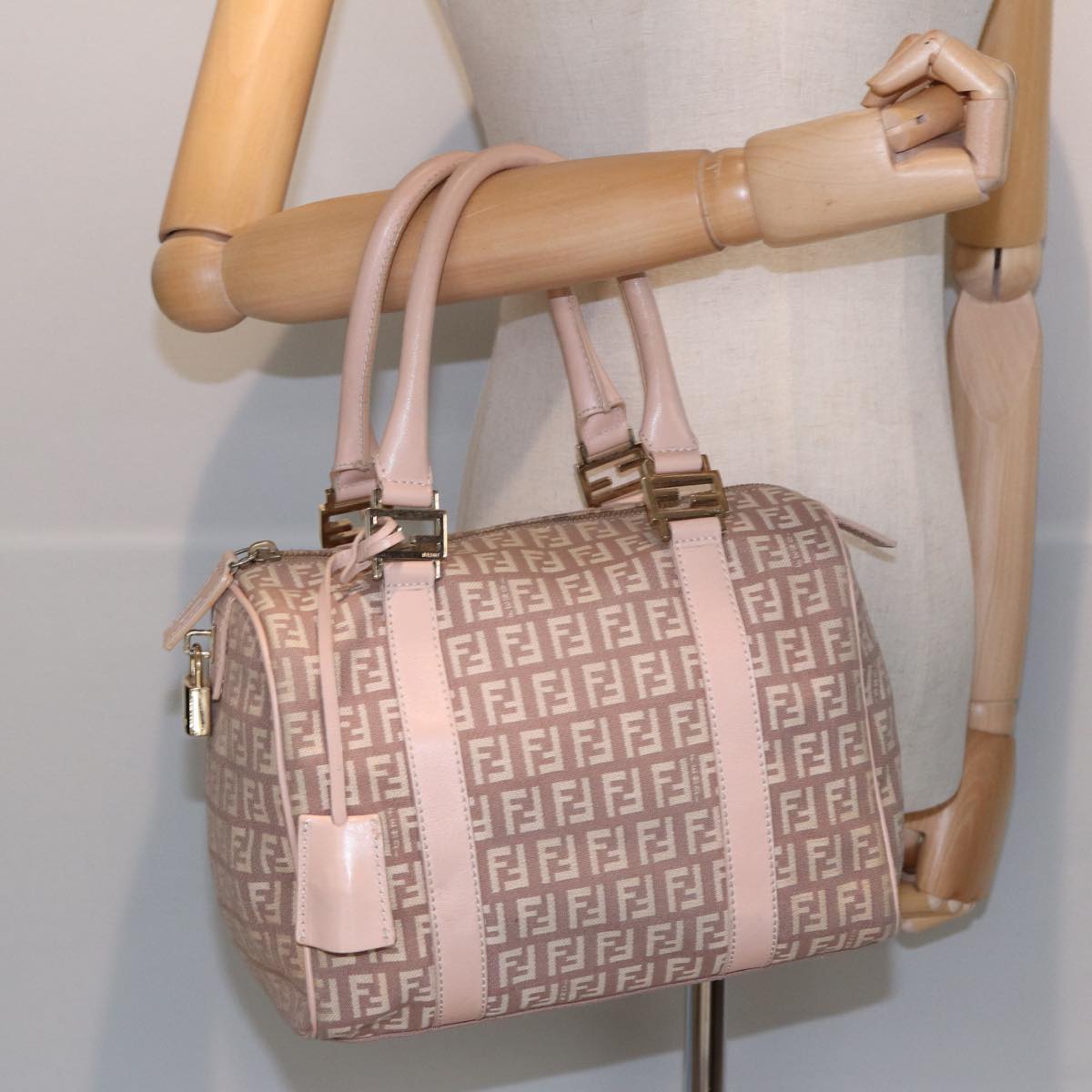 FENDI Zucchino Canvas Mini Boston Bag Pink Auth 82685