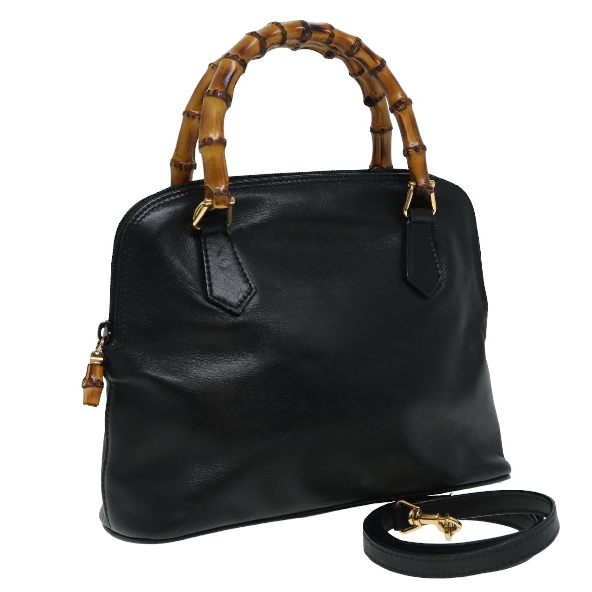 GUCCI Bamboo Hand Bag Leather 2way Black 000 090 0290 Auth 82700