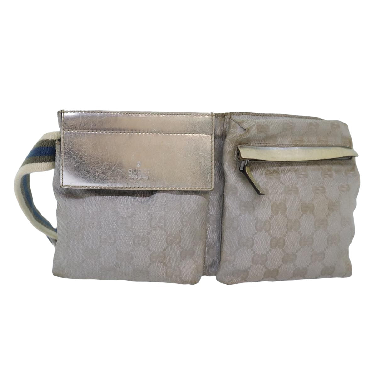 GUCCI GG Canvas Sherry Line Waist bag Silver Blue Gray 28566 Auth 82701