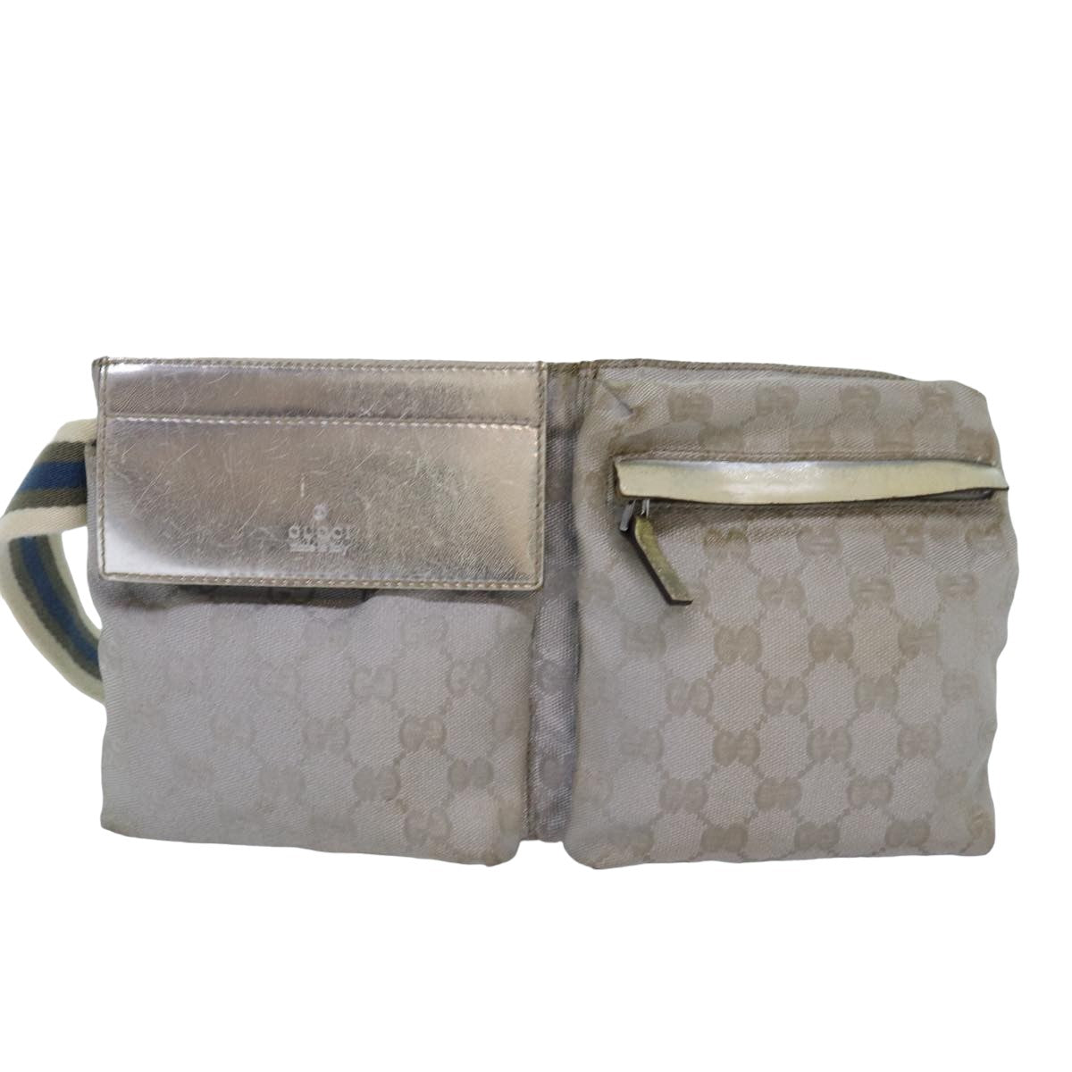 GUCCI GG Canvas Sherry Line Waist bag Silver Blue Gray 28566 Auth 82701