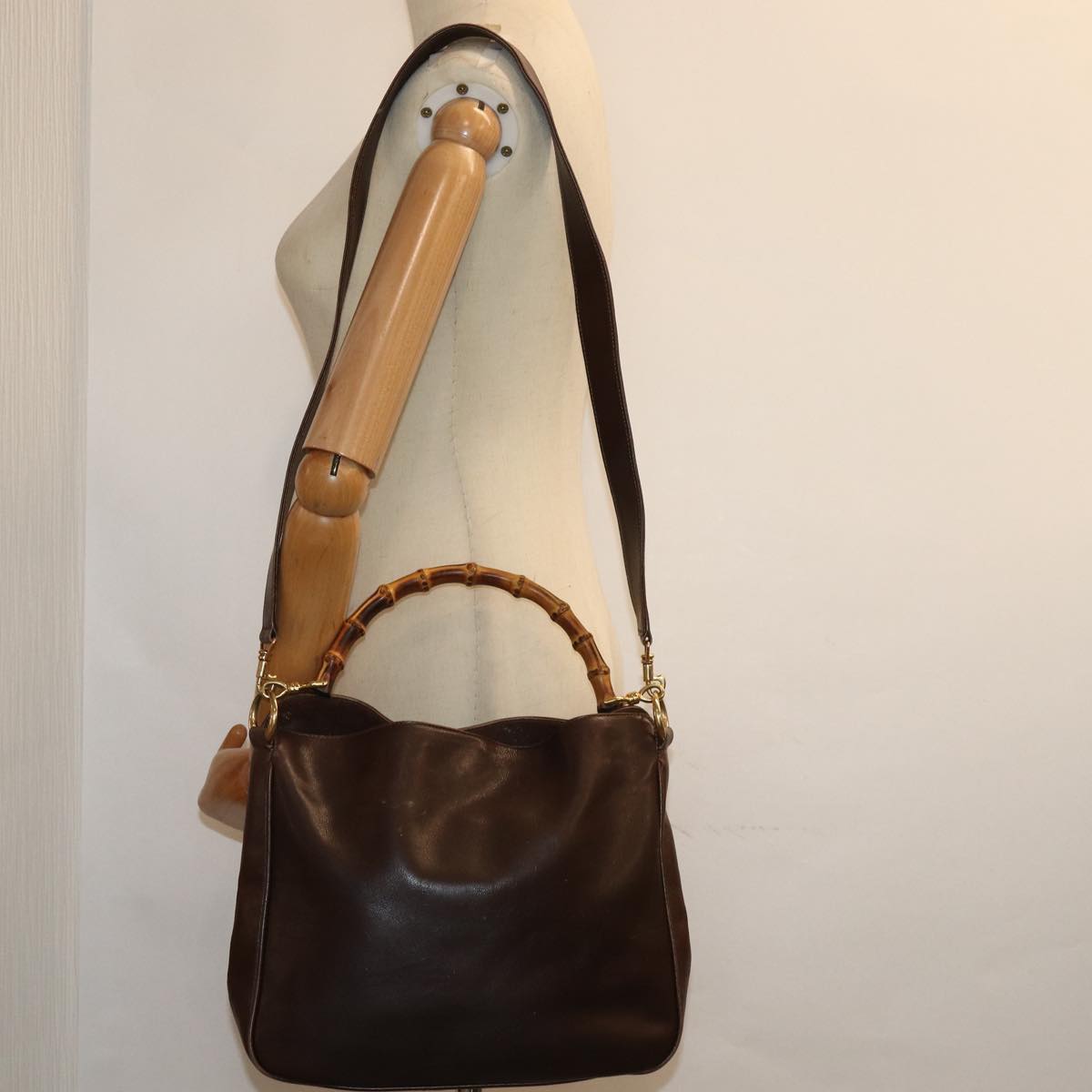 GUCCI Bamboo Shoulder Bag Leather 2way Brown 001 0166 1638 Auth 82704