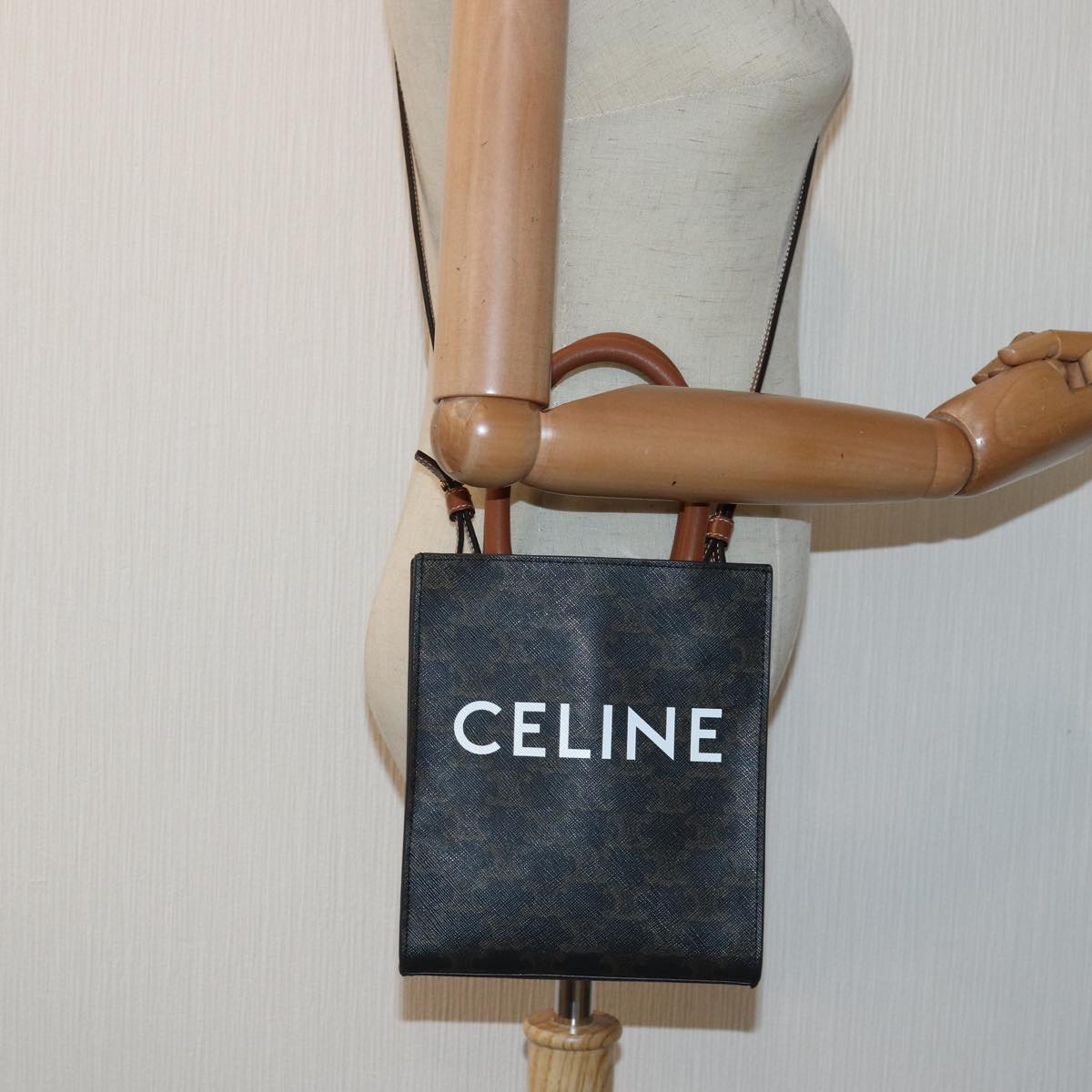 CELINE Triomphe Mini Particle Cabas Hand Bag PVC Leather 2way Black Auth 82739A