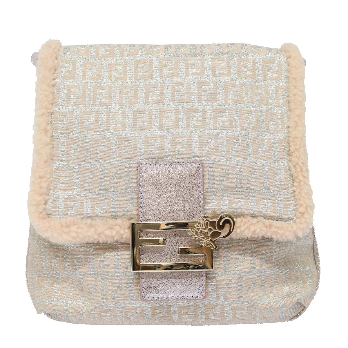 FENDI Zucchino Canvas Shoulder Bag Beige Pink Silver Auth 82744