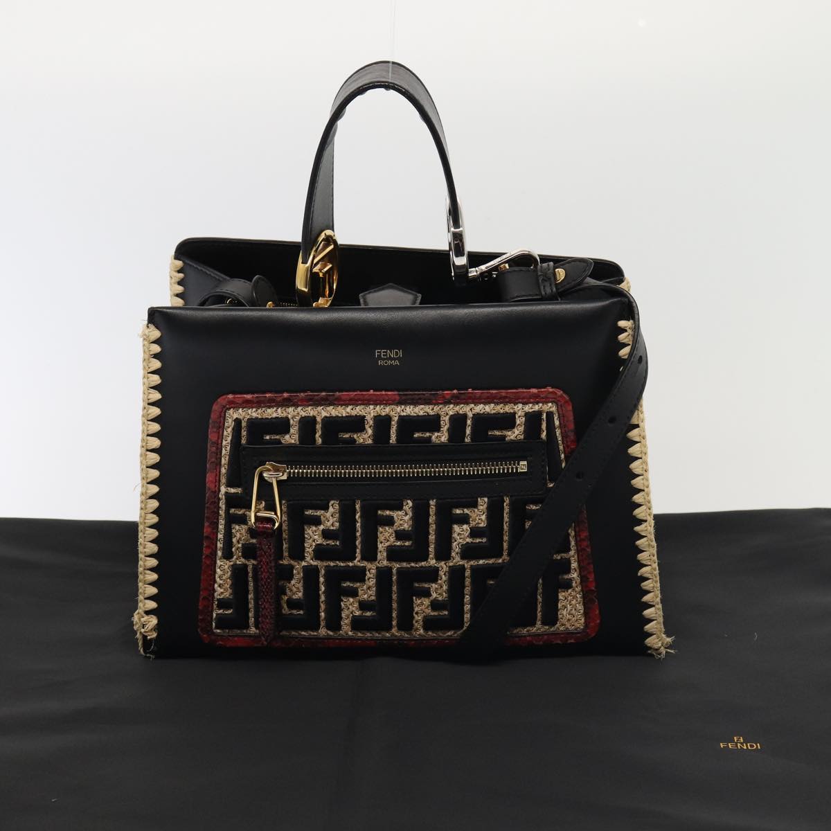 FENDI Hand Bag Leather 2way Black Auth 82745