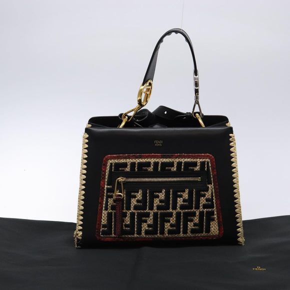 FENDI Hand Bag Leather 2way Black Gold Auth 82745
