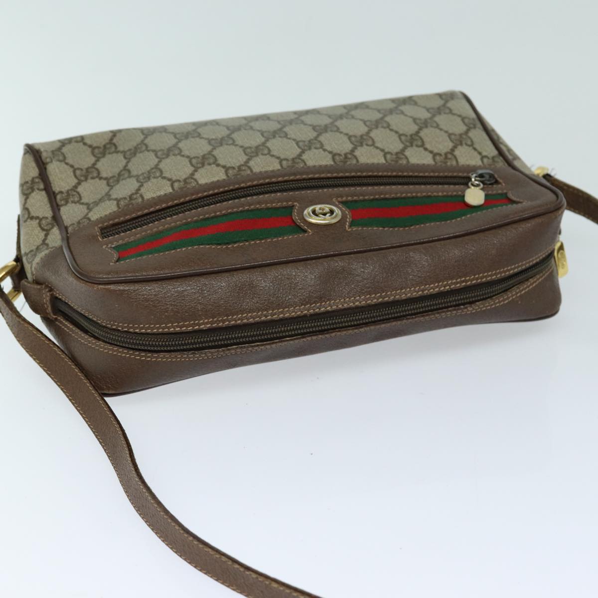 GUCCI GG Supreme Web Sherry Line Shoulder Bag PVC Beige Red Auth 82870