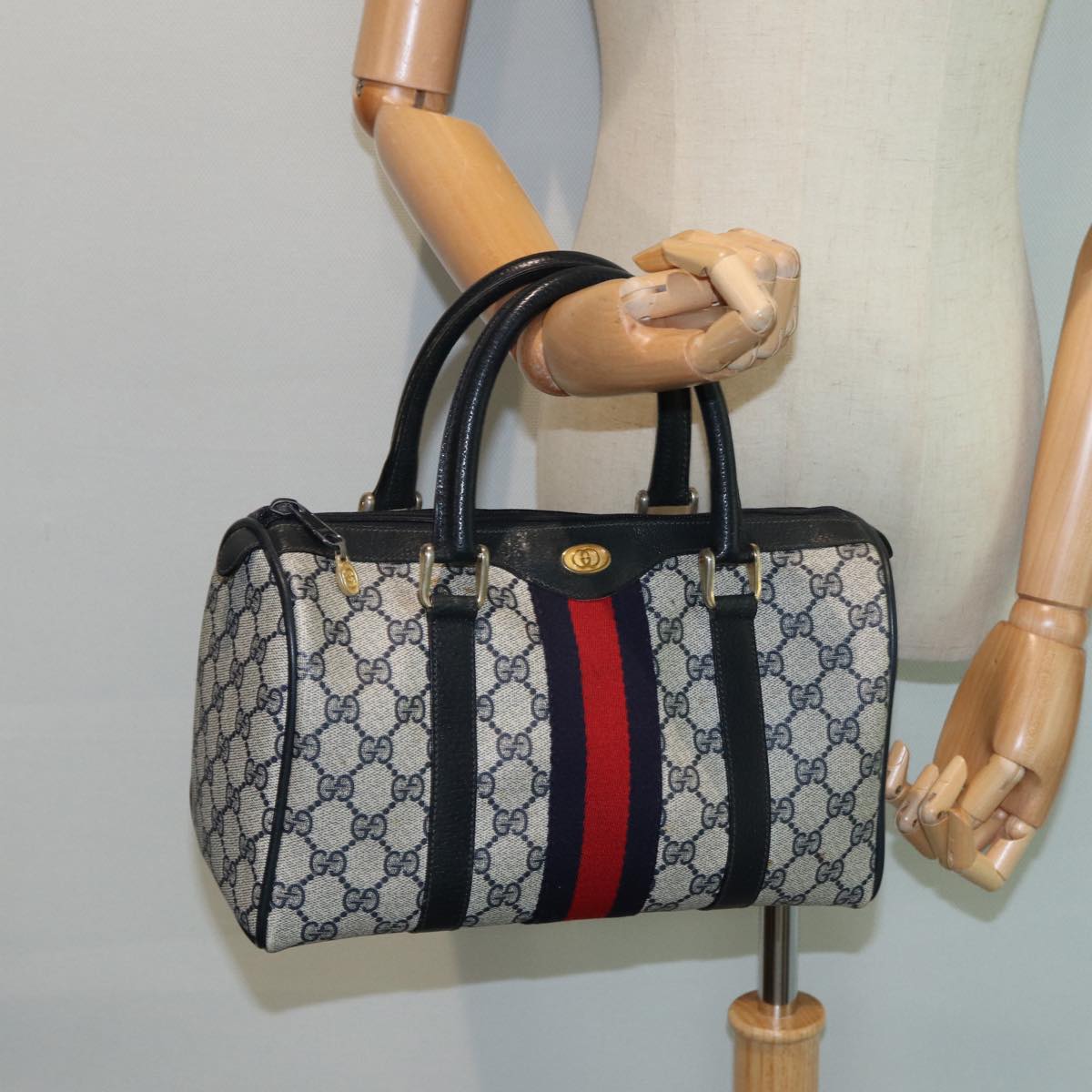 GUCCI GG Supreme Boston Bag PVC Leather Navy 904 02 006 Auth 82876