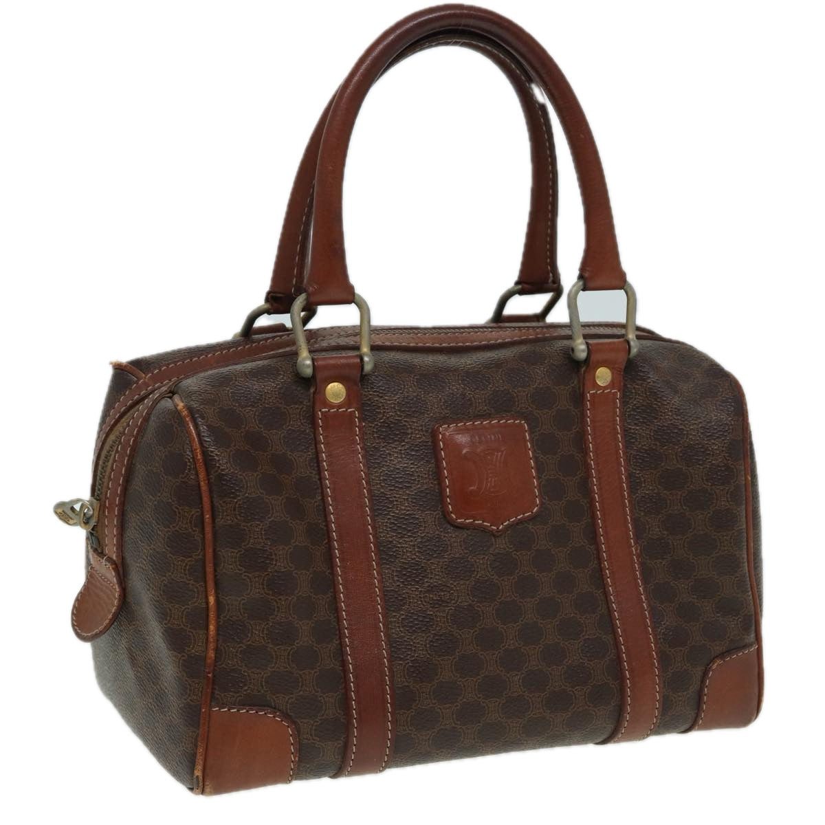 CELINE Macadam Canvas Boston Bag PVC Leather Brown Auth 82888