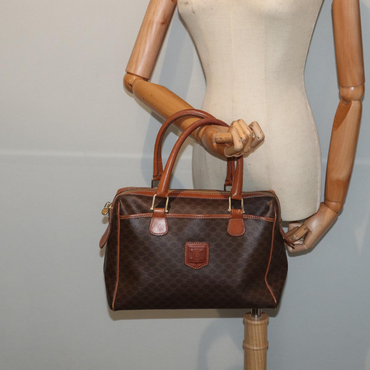 CELINE Macadam Canvas Boston Bag PVC Leather Brown Auth 82892