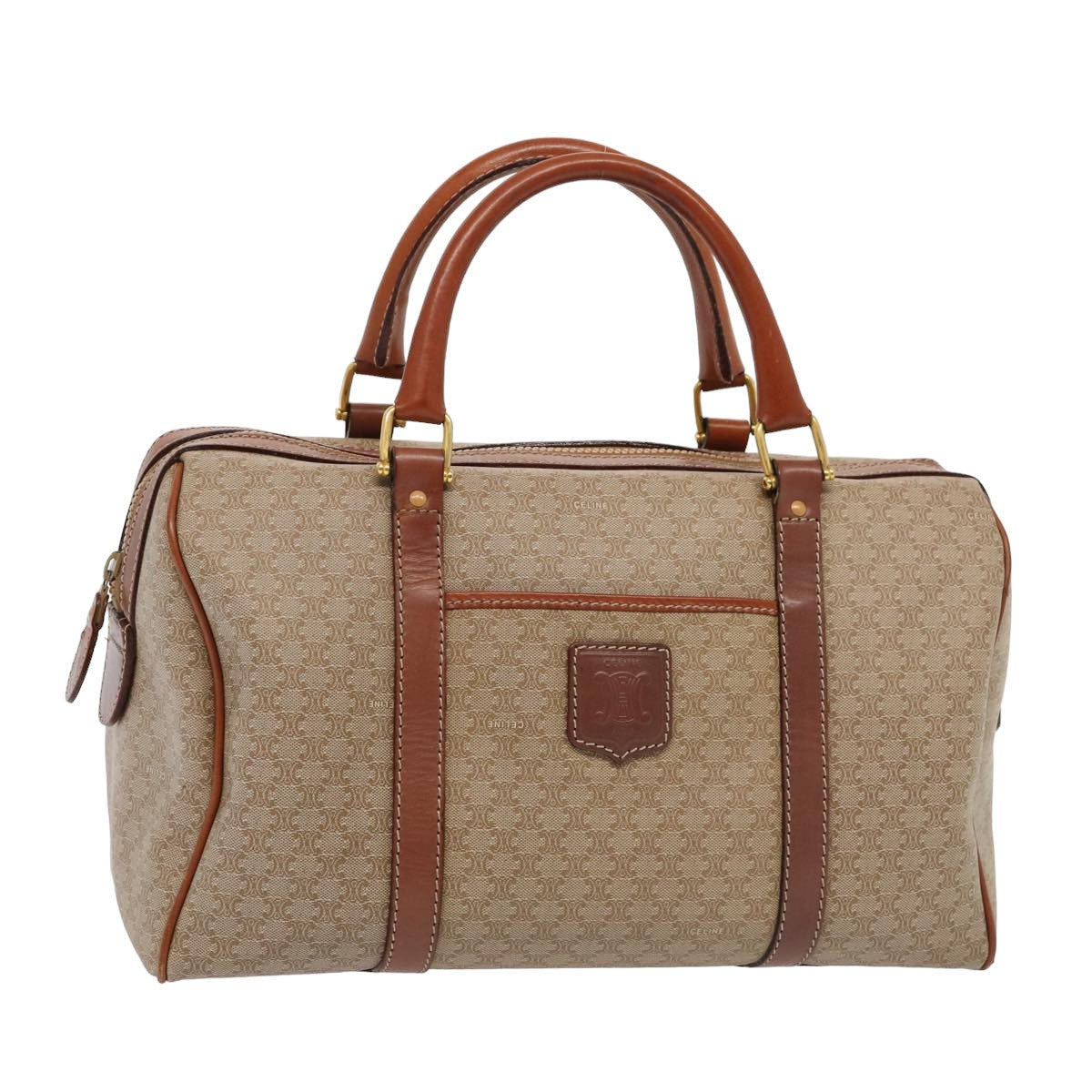 CELINE Macadam Canvas Boston Bag PVC Leather Beige Auth 82895