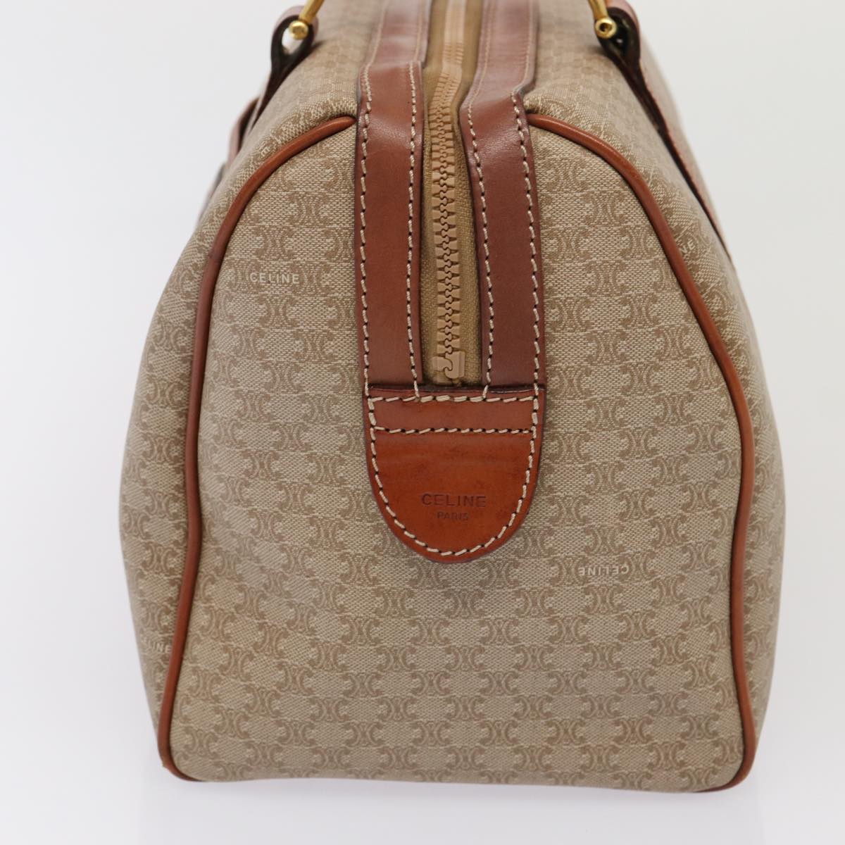 CELINE Macadam Canvas Boston Bag PVC Leather Beige Auth 82895