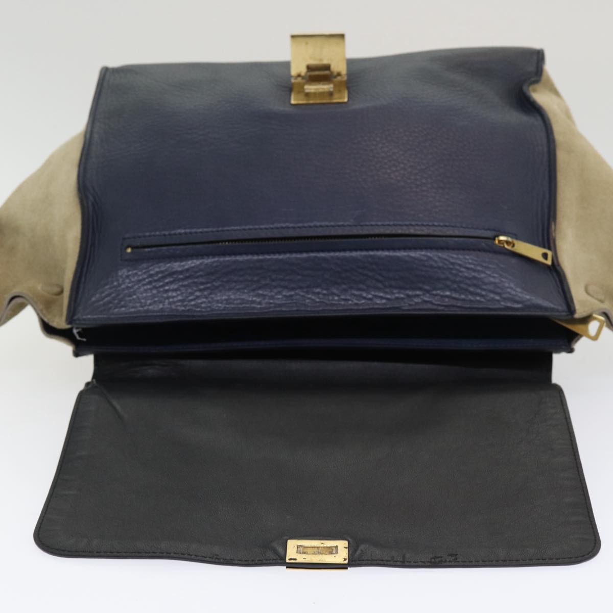 CELINE Trapeze Hand Bag Leather Suede Navy Beige Auth 82897