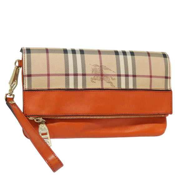 BURBERRY Nova Check Clutch Bag PVC Leather Beige Orange Auth 83126AV