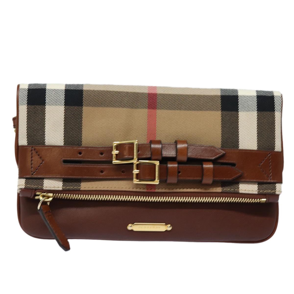 BURBERRY Nova Check Clutch Bag Canvas Leather Brown Auth 83127A