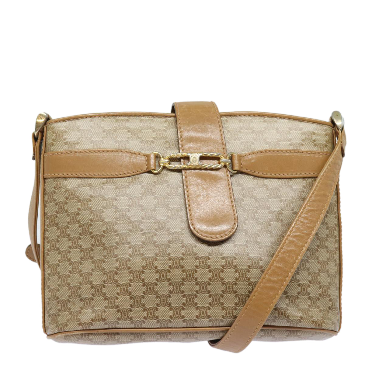 CELINE Macadam Canvas Shoulder Bag Beige Auth 83128