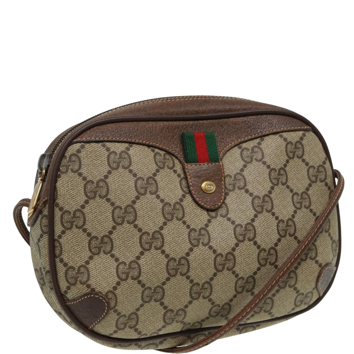 GUCCI GG Canvas Web Sherry Line Shoulder Bag PVC Leather Beige Auth 83133