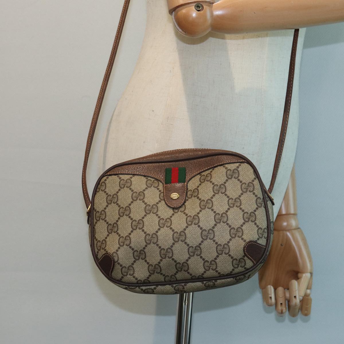 GUCCI GG Canvas Web Sherry Line Shoulder Bag PVC Leather Beige Auth 83133