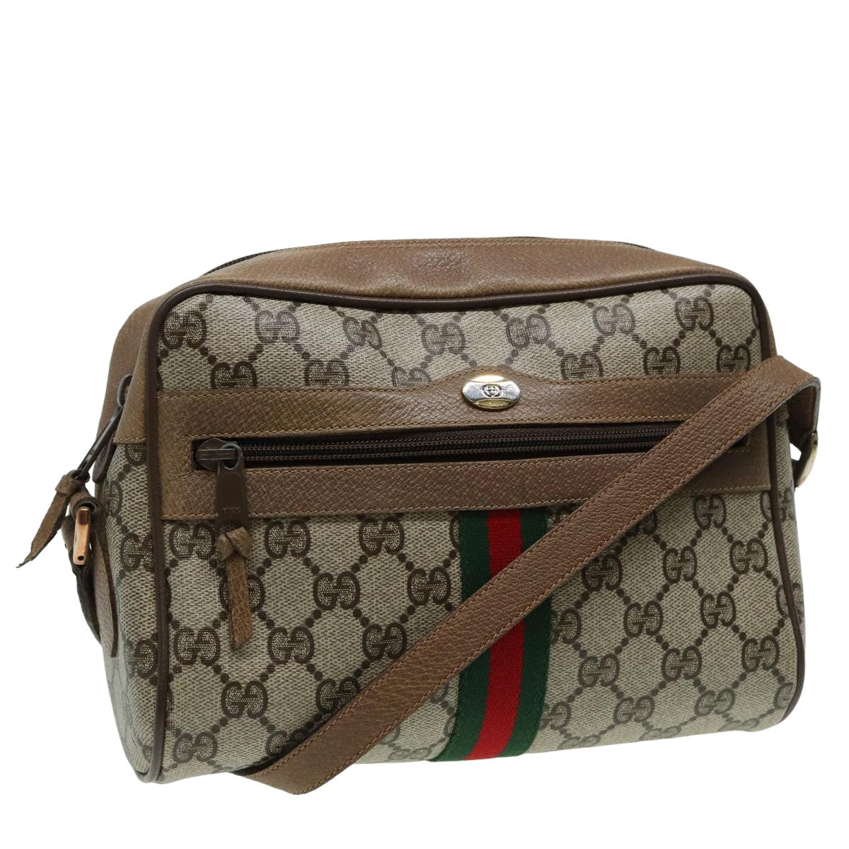 GUCCI GG Canvas Web Sherry Line Shoulder Bag PVC Leather Beige Auth 83134