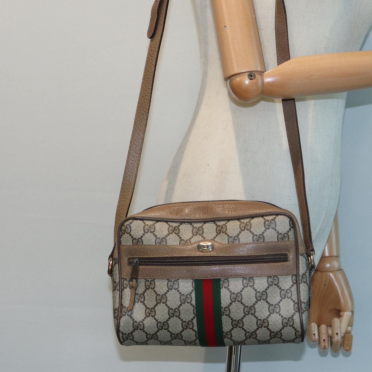 GUCCI GG Canvas Web Sherry Line Shoulder Bag PVC Leather Beige Auth 83134