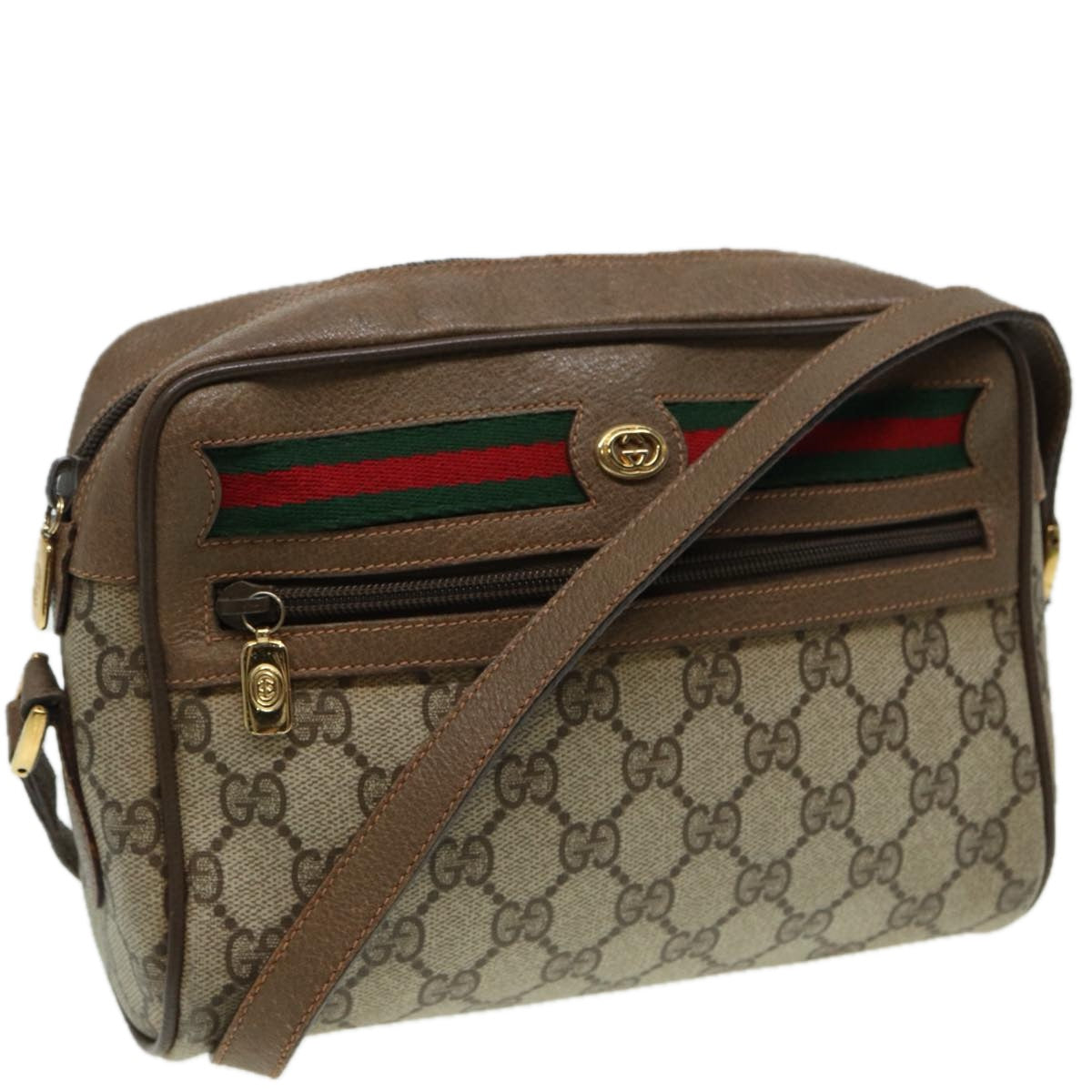 GUCCI GG Canvas Web Sherry Line Shoulder Bag PVC Leather Beige Auth 83135