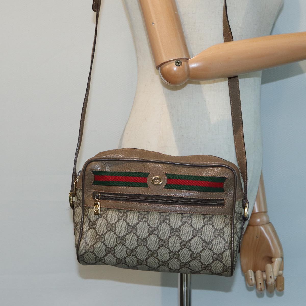 GUCCI GG Canvas Web Sherry Line Shoulder Bag PVC Leather Beige Auth 83135