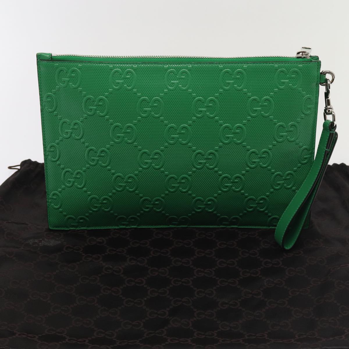 GUCCI GG Canvas Guccissima Clutch Bag Leather Green 625569 Auth 83140