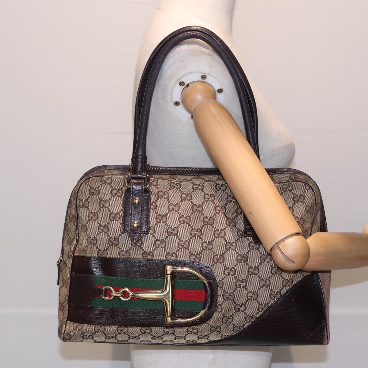 GUCCI GG Canvas Web Sherry Line Hand Bag Beige Red Green 141503 Auth 83143