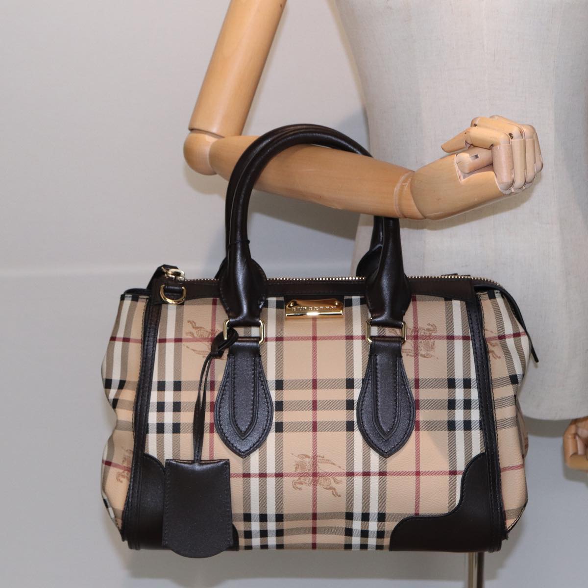 BURBERRY Nova Check Hand Bag PVC Leather Beige Auth 83146