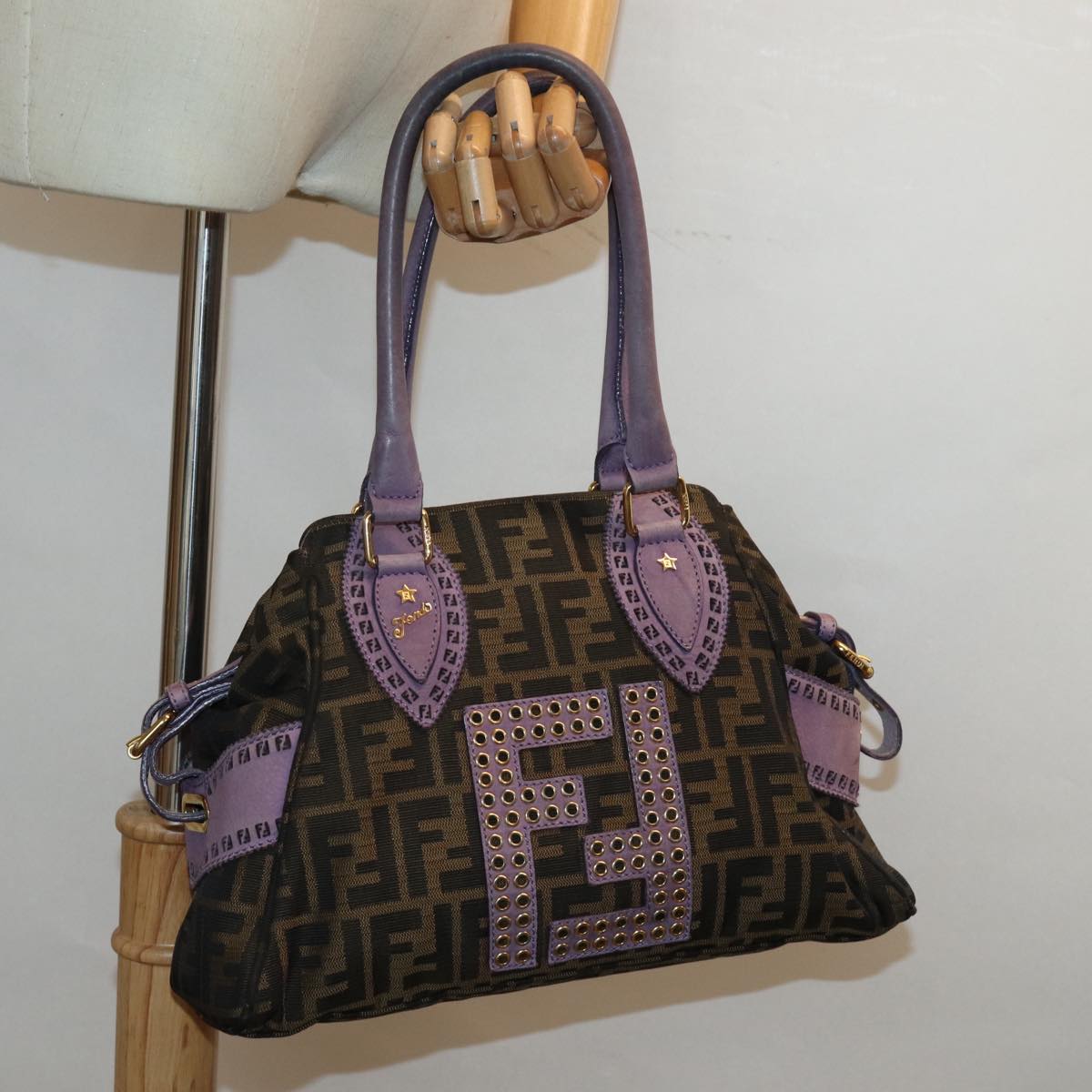 FENDI Zucca Canvas Hand Bag Brown Black Purple Auth 83149