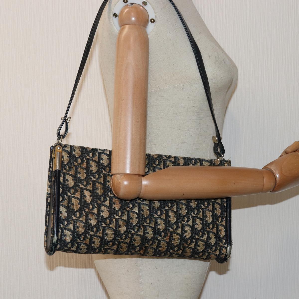 Christian Dior Trotter Canvas Shoulder Bag Navy Beige Auth 83196