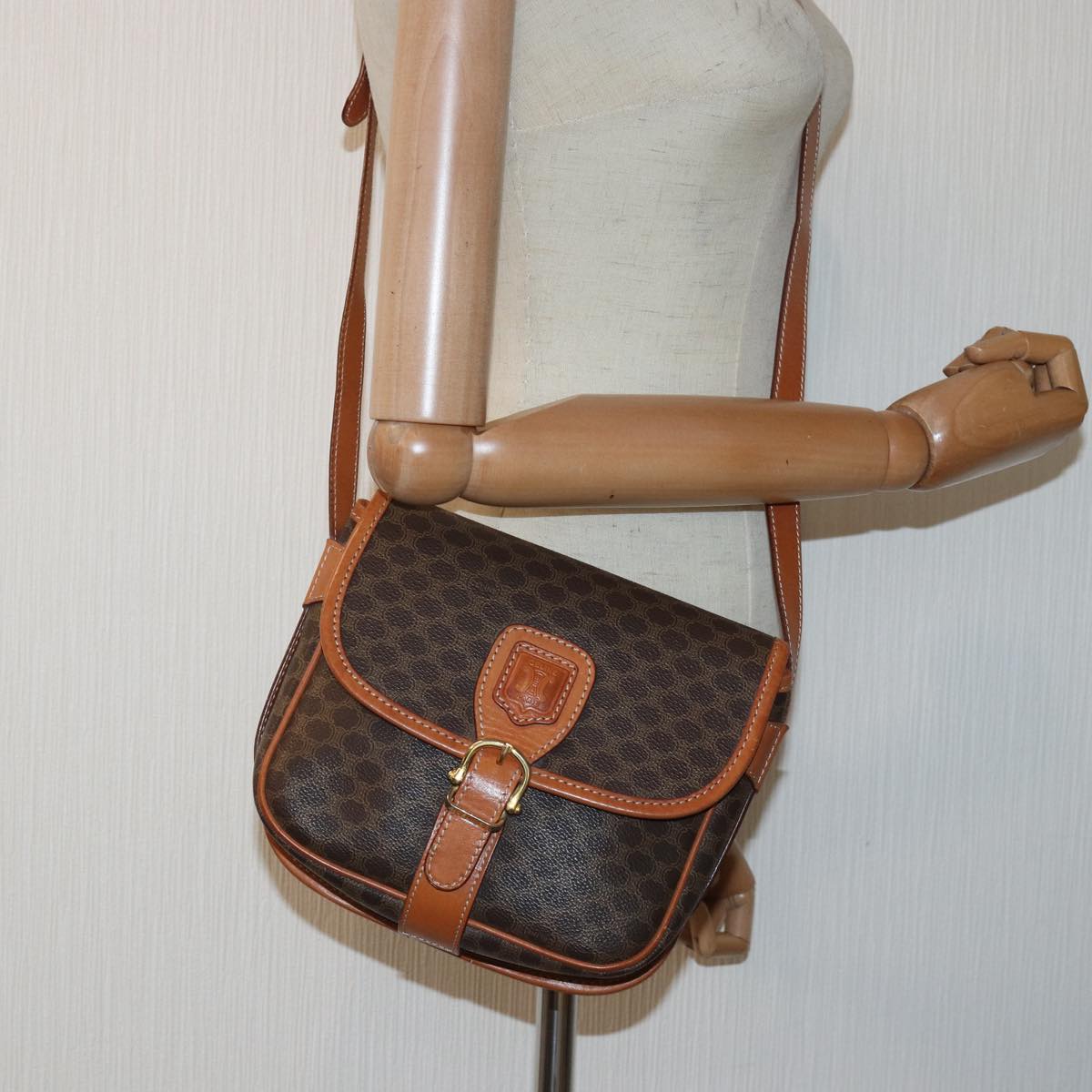 CELINE Macadam Canvas Shoulder Bag PVC Leather Brown Auth 83200