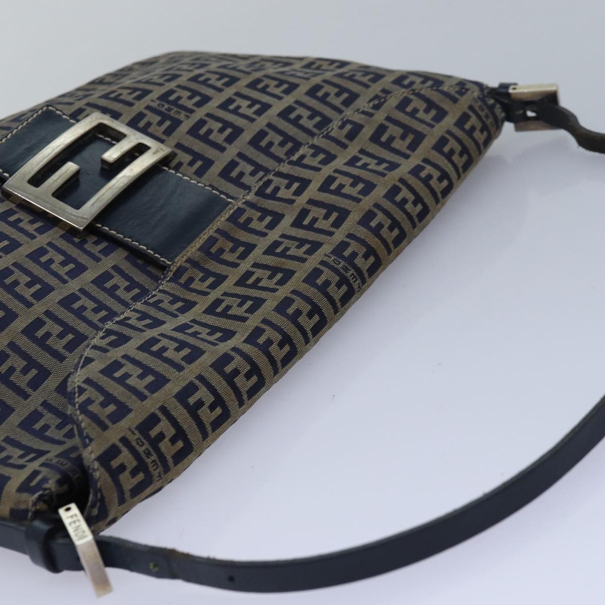 FENDI Zucchino Canvas Mamma Baguette Shoulder Bag Navy Auth 83213