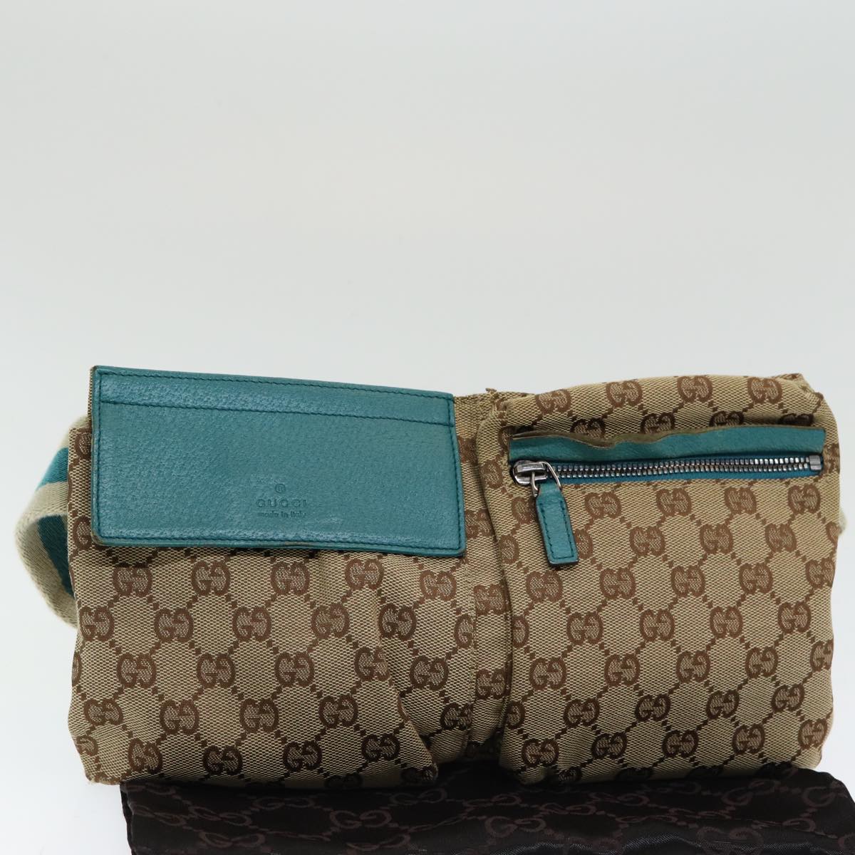 GUCCI GG Canvas Sherry Line Waist bag Beige Emerald Green 28566 0959 Auth 83220