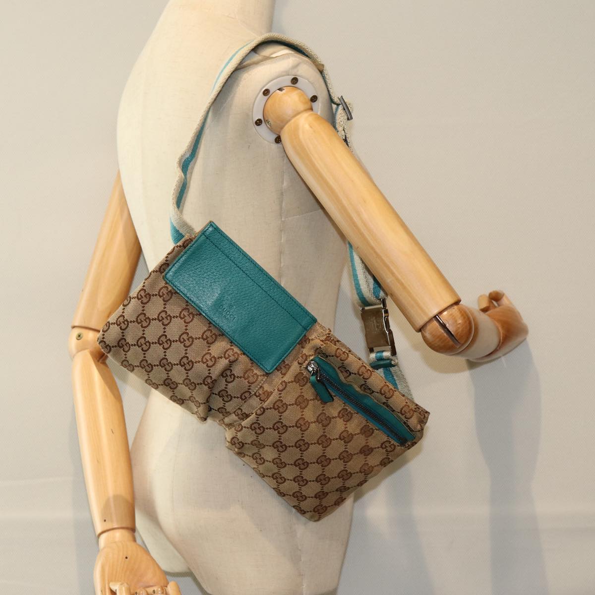 GUCCI GG Canvas Sherry Line Waist bag Beige Emerald Green 28566 0959 Auth 83220