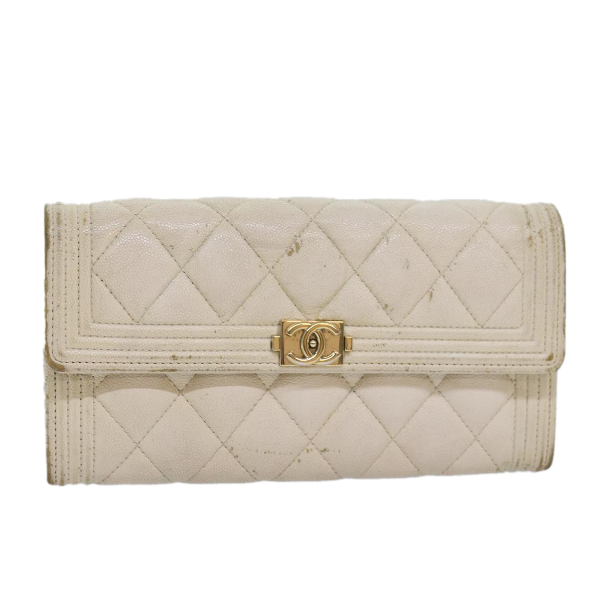 CHANEL Boy Chanel Matelasse Wallet Caviar Skin White CC Auth 83236