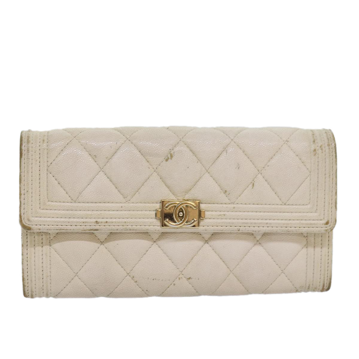 CHANEL Boy Chanel Matelasse Wallet Caviar Skin White CC Auth 83236 - 0