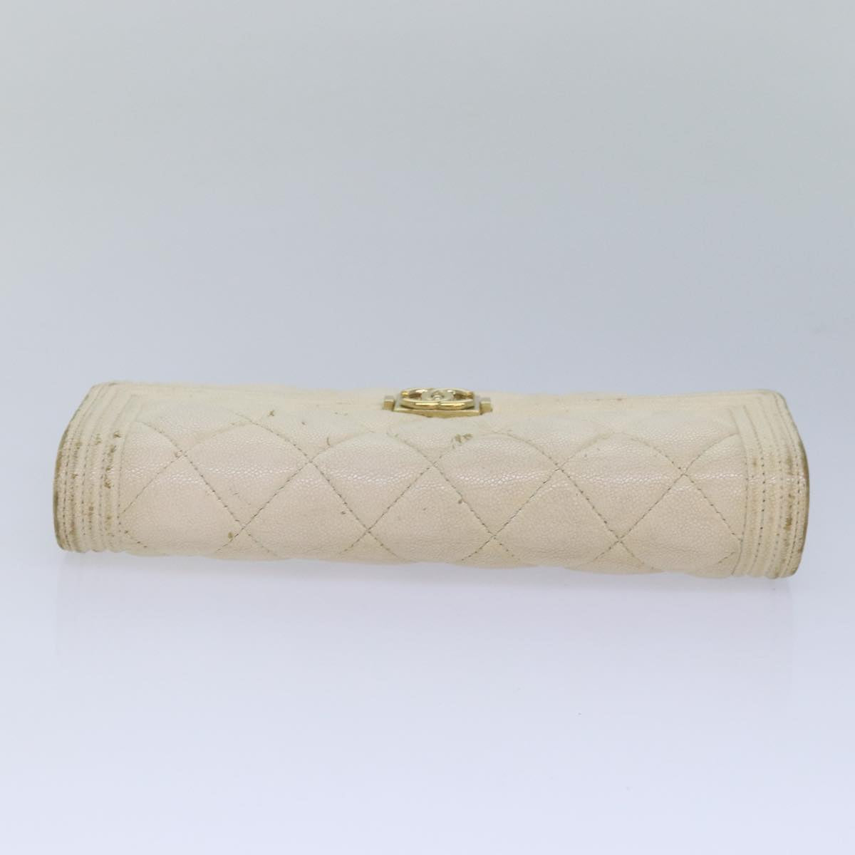 CHANEL Boy Chanel Matelasse Wallet Caviar Skin White CC Auth 83236