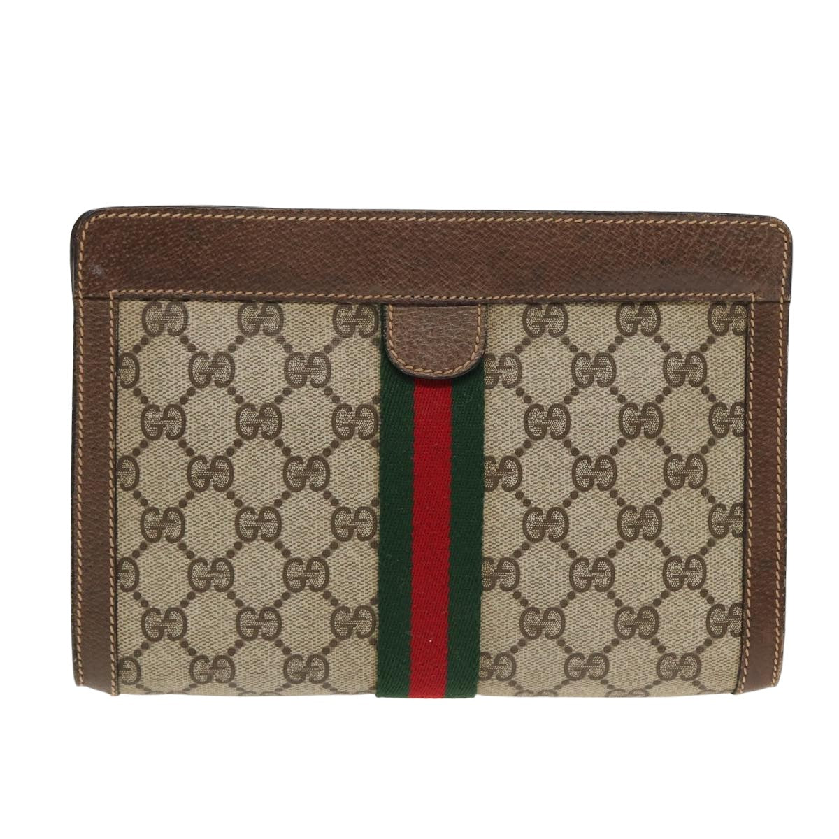 GUCCI GG Supreme Web Sherry Line Clutch Bag PVC Beige 89 01 001 Auth 83241 - 0