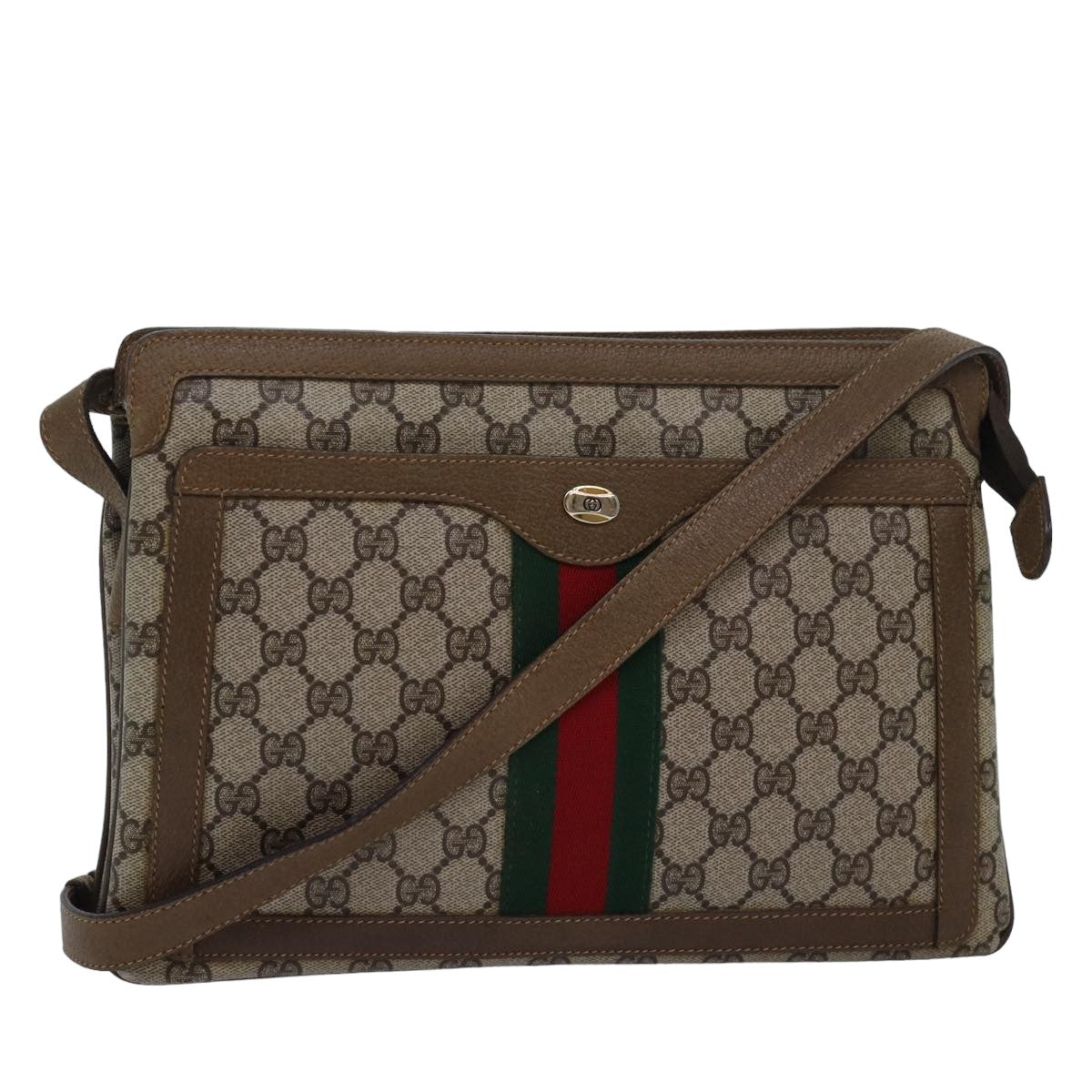 GUCCI GG Canvas Web Sherry Line Shoulder Bag PVC Leather Beige Green Auth 83269