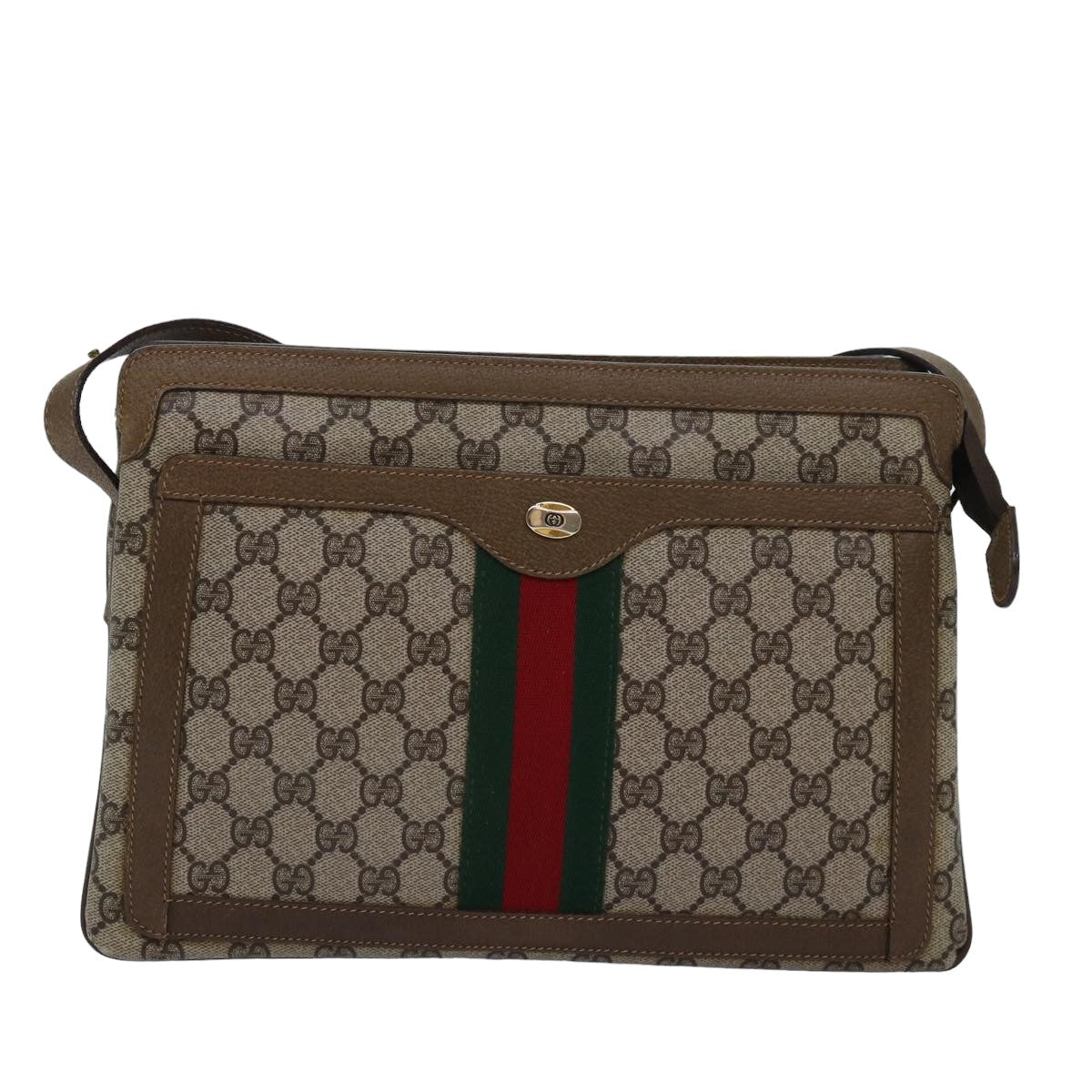 GUCCI GG Canvas Web Sherry Line Shoulder Bag PVC Leather Beige Green Auth 83269