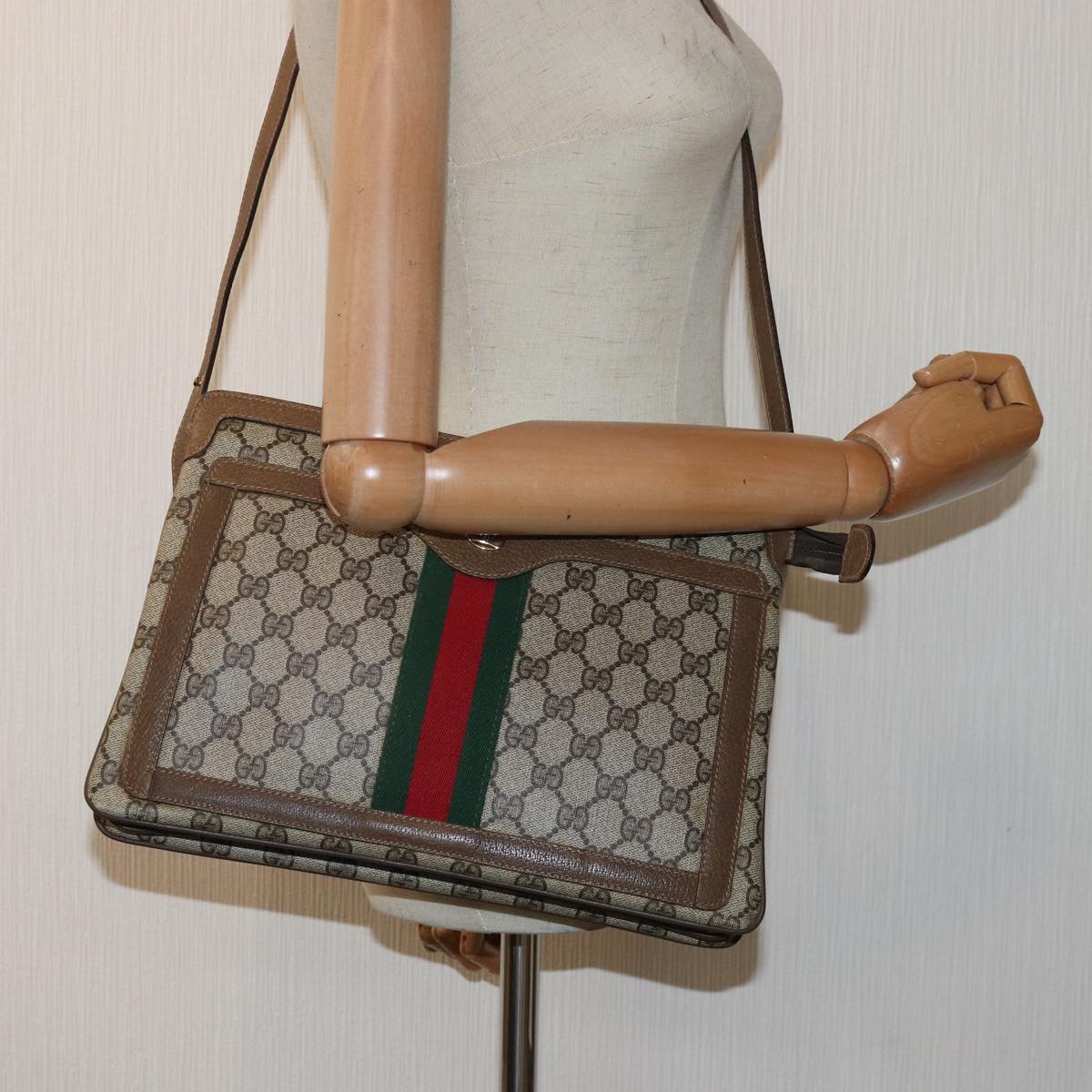 GUCCI GG Canvas Web Sherry Line Shoulder Bag PVC Leather Beige Green Auth 83269