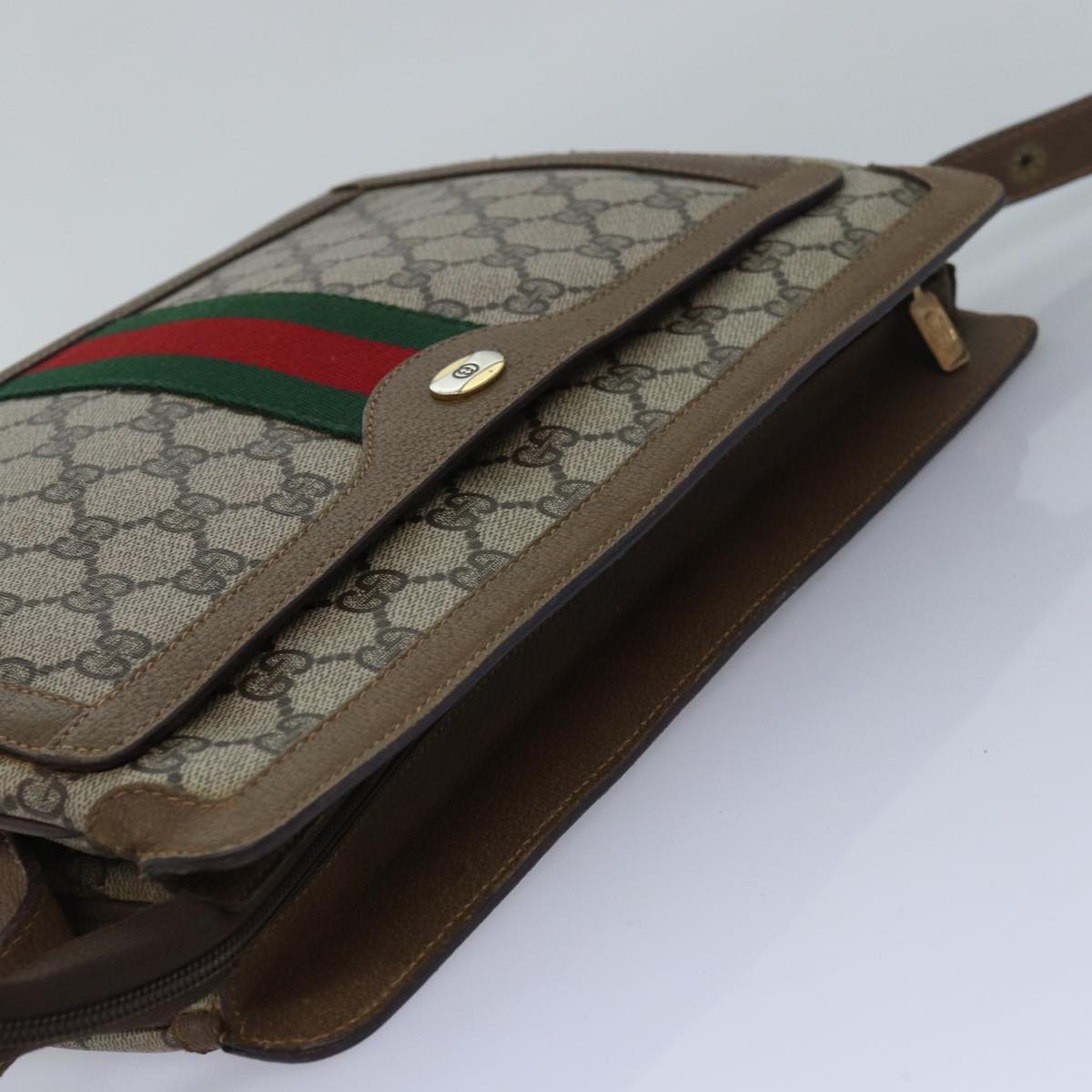 GUCCI GG Canvas Web Sherry Line Shoulder Bag PVC Leather Beige Green Auth 83269